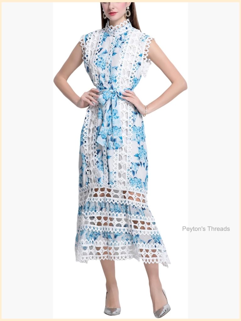 Lace Hollow Out Midi Dress With Belt Sleeveless High Neck Party